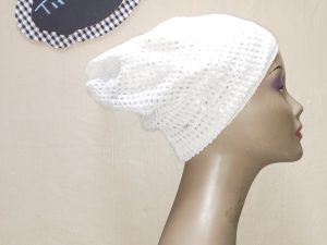 D&Y White Crochet Knit Shimmery Shiny skull cap hat Beanie