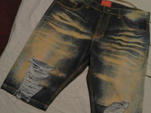 Mousai Men’s Size 38 Jean Denim Shorts Dark Wash Whiskering Fading Distressed